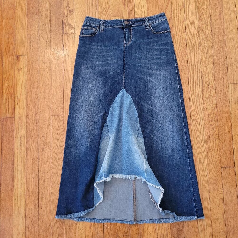 SOHO New York Denim Maxi Skirt‎ 4 Frayed Hem Dark Wash Blue Jean Yellowstone